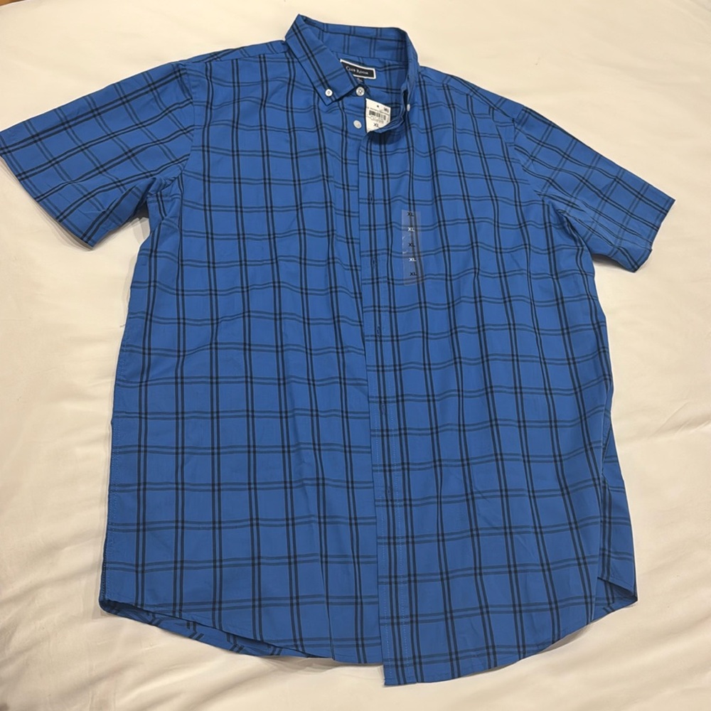 NWT Club Room Short Sleeve Blue Plaid Button-Down Shirt, Size XL